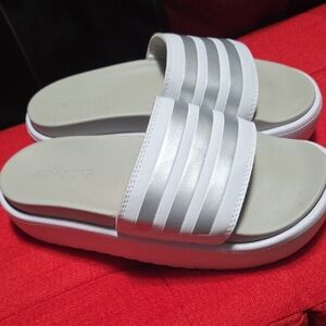 adidas Women’s Silver and White Slide Sandals